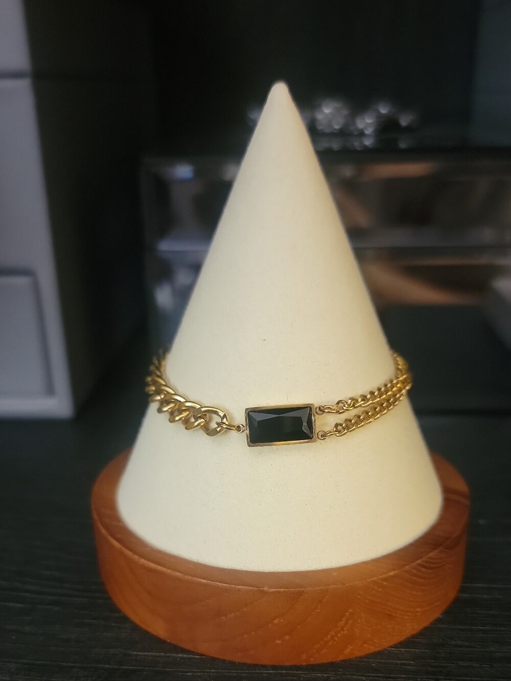 Gold Chain Bracelet with Black Rectangular Stone